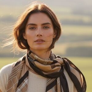 Jim Renoir Signature Vintage Brown and Tan Geometric Scarf with Bold Borders